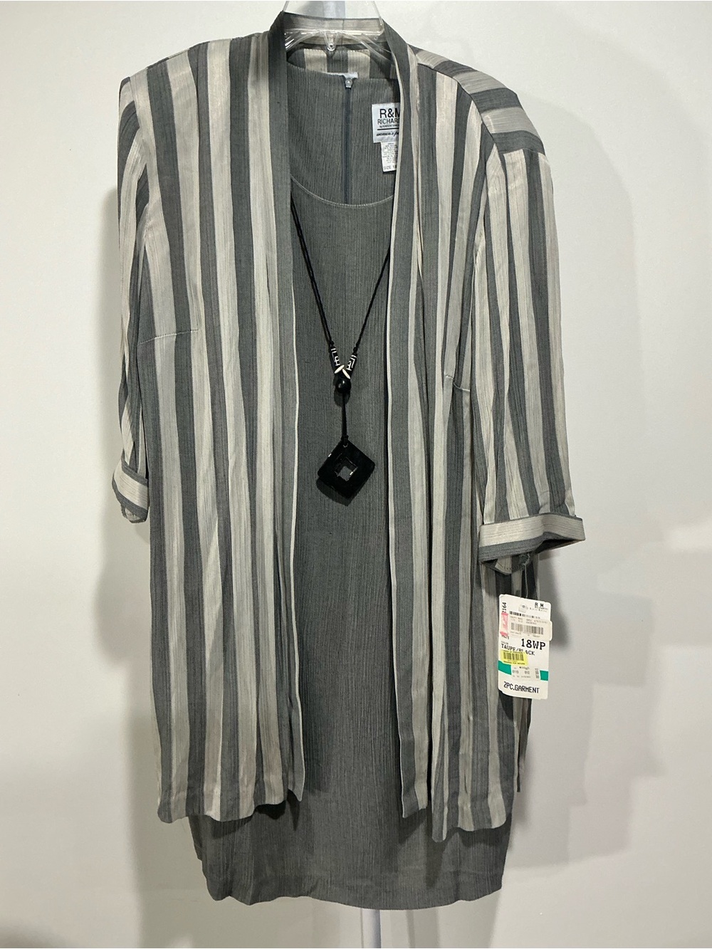 R&M Richards Gray and Cream Striped Open-Front Blazer with Roll-Tab Sleeves
